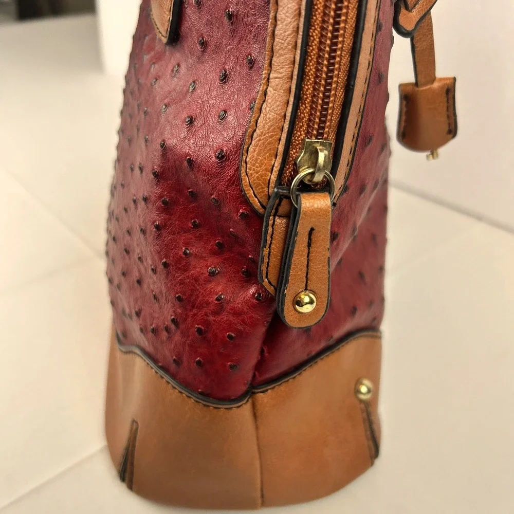 London Fog Red Ostrich Embossed Satchel Handbag Tan‎ Trim Gold Hardware